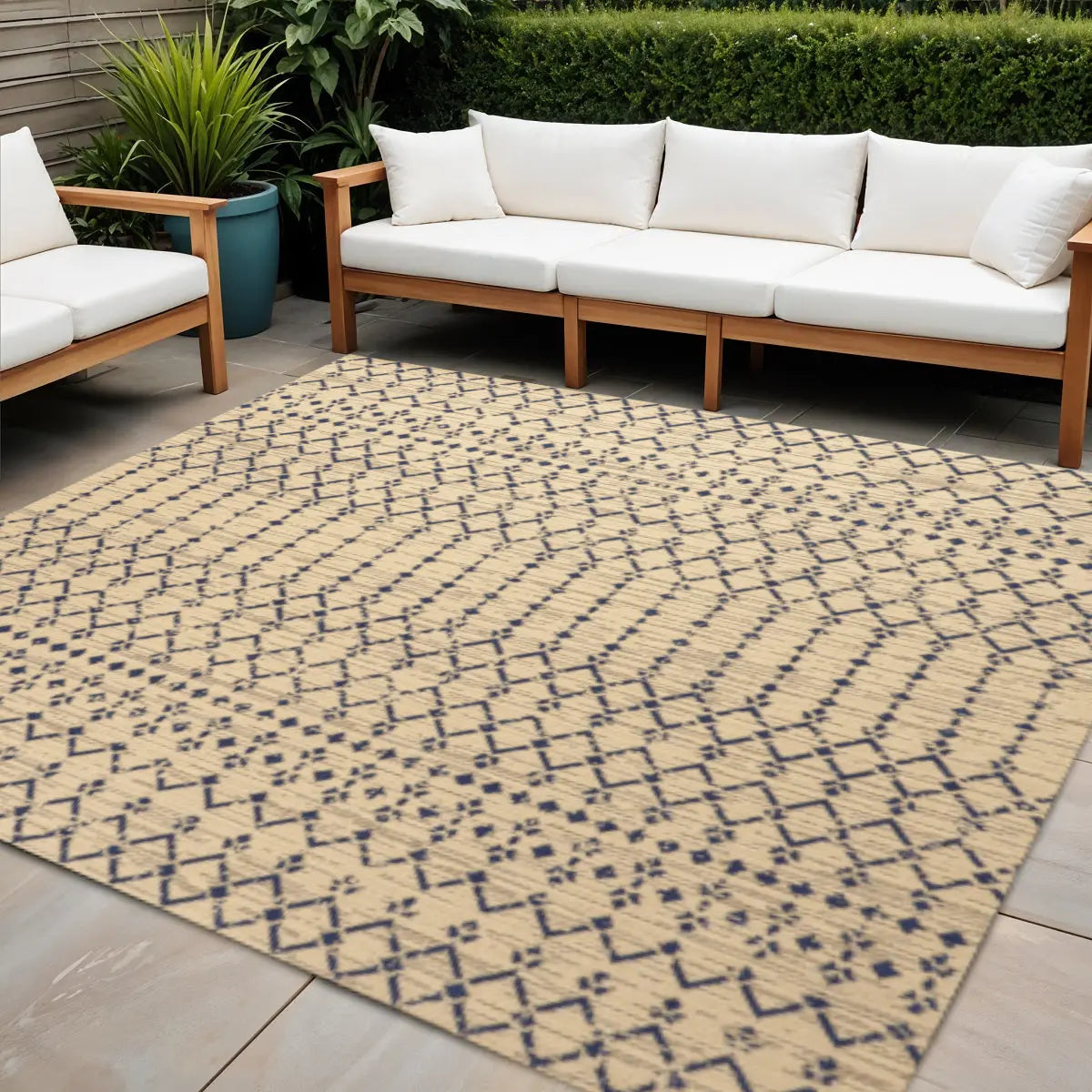5' Beige And Navy Blue Square Trellis Indoor Outdoor Area Rug Homeroots Outdoor