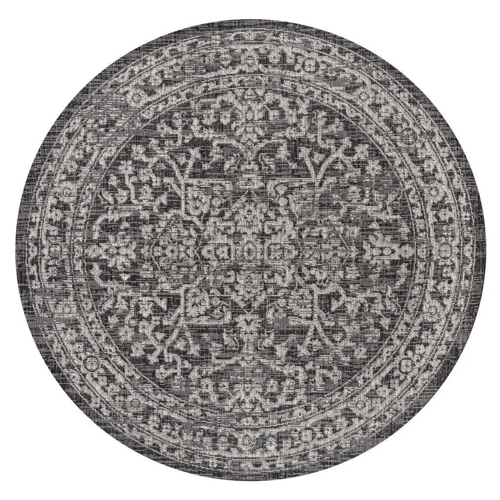 5' Black And Gray Round Medallion Indoor Outdoor Area Rug Homeroots Outdoor