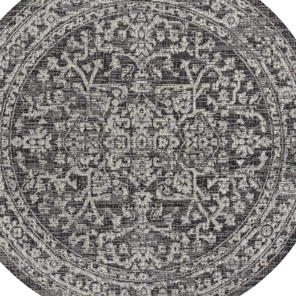 5' Black And Gray Round Medallion Indoor Outdoor Area Rug Homeroots Outdoor