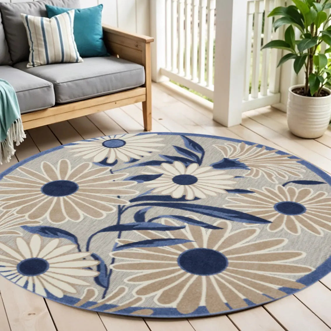 5' Blue And Gray Round Floral Indoor Outdoor Area Rug Homeroots Outdoor