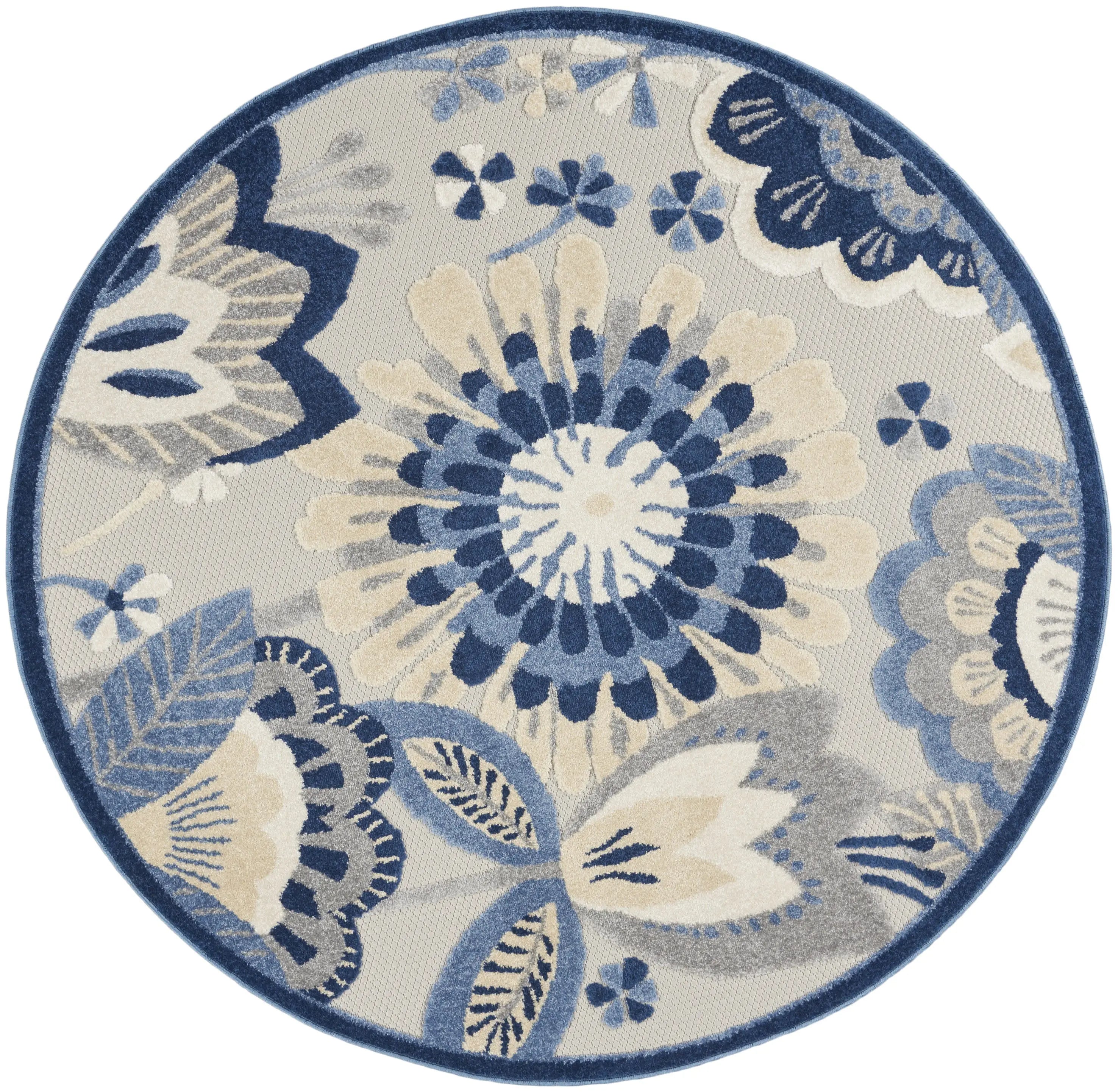 5' Blue And Gray Round Floral Indoor Outdoor Area Rug Homeroots Outdoor