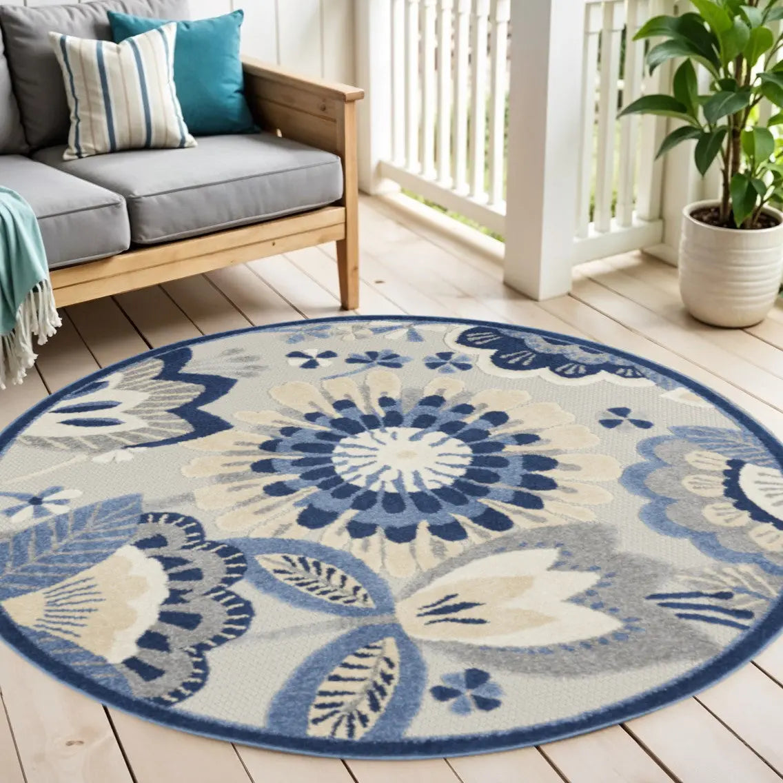 5' Blue And Gray Round Floral Indoor Outdoor Area Rug Homeroots Outdoor