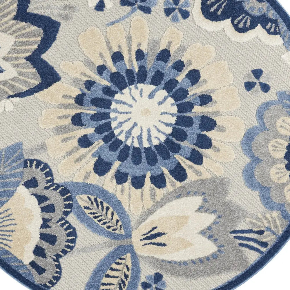 5' Blue And Gray Round Floral Indoor Outdoor Area Rug Homeroots Outdoor
