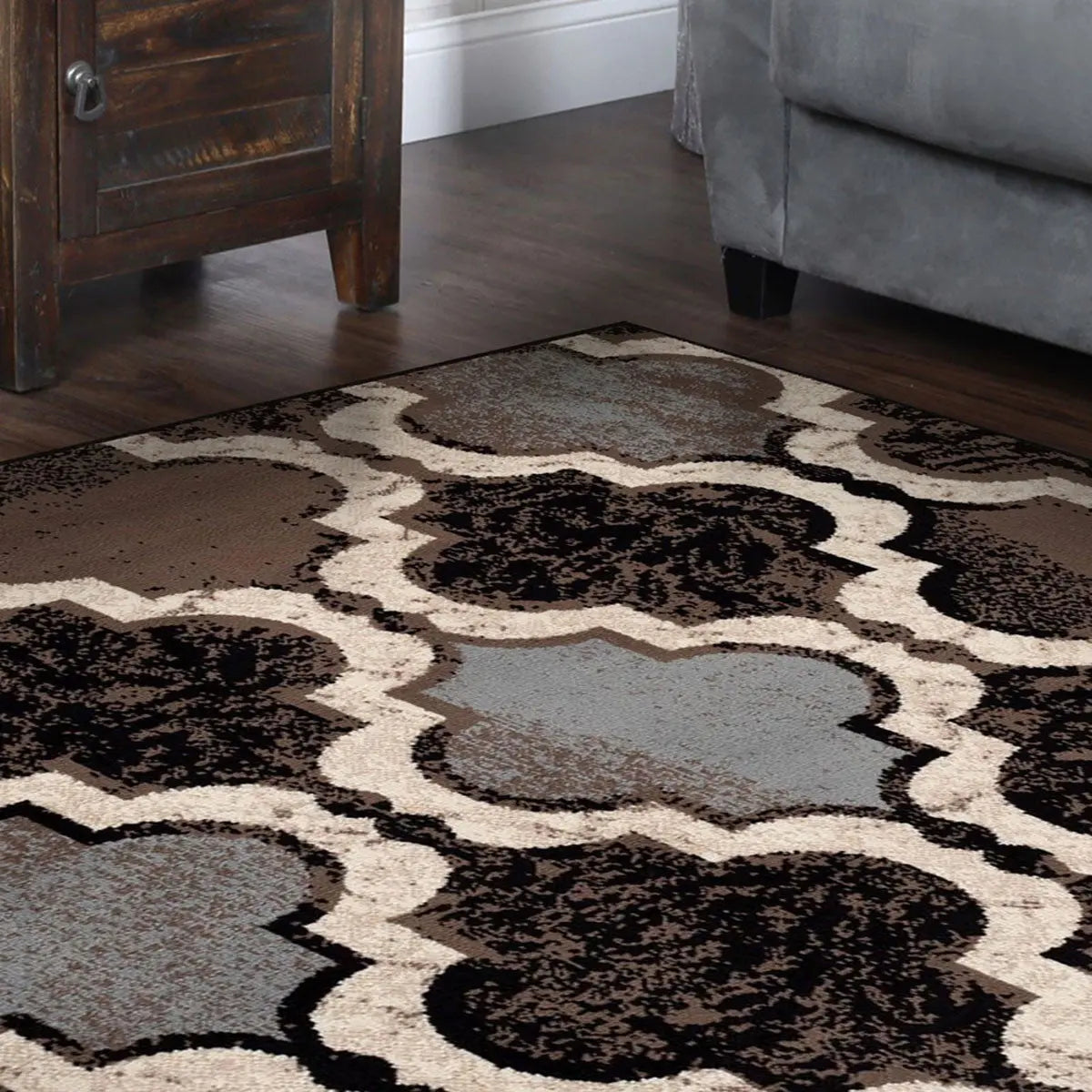 5' Brown Black And Ivory Quatrefoil Distressed Square Rug Homeroots Home Decor