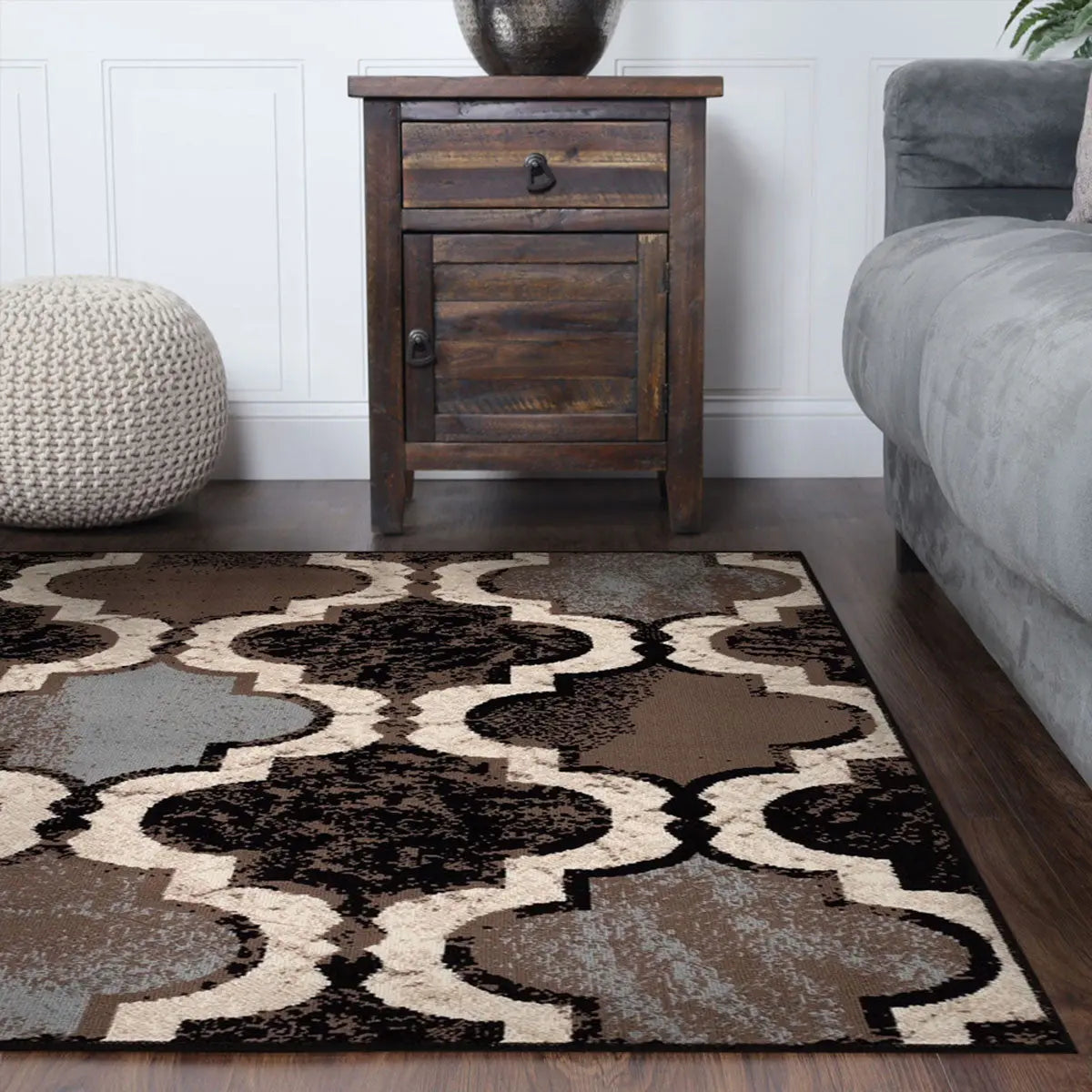 5' Brown Black And Ivory Quatrefoil Distressed Square Rug Homeroots Home Decor