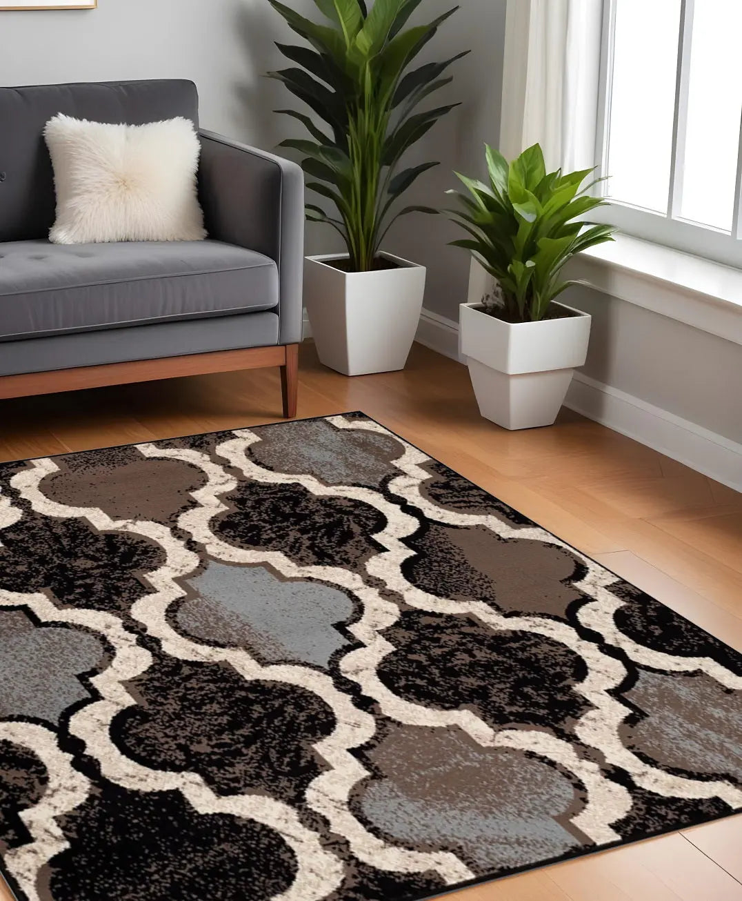 5' Brown Black And Ivory Quatrefoil Distressed Square Rug Homeroots Home Decor