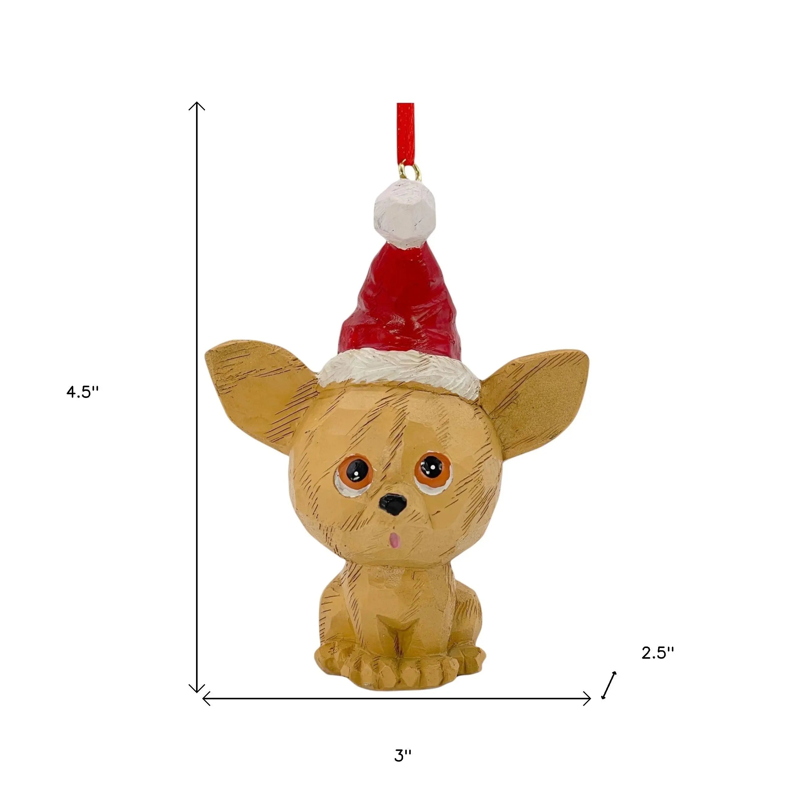 Charming Chihuahua ornament, 4.5" tall, hand-painted wood with red Santa hat, perfect for holiday decor.