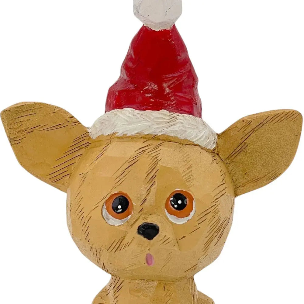 Brown wooden Chihuahua ornament with a red Santa hat, hand-painted, festive holiday decor for Christmas.
