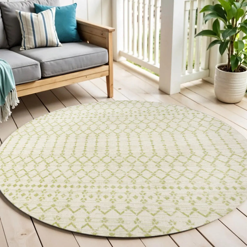 5' Cream And Green Round Trellis Indoor Outdoor Area Rug Homeroots Outdoor