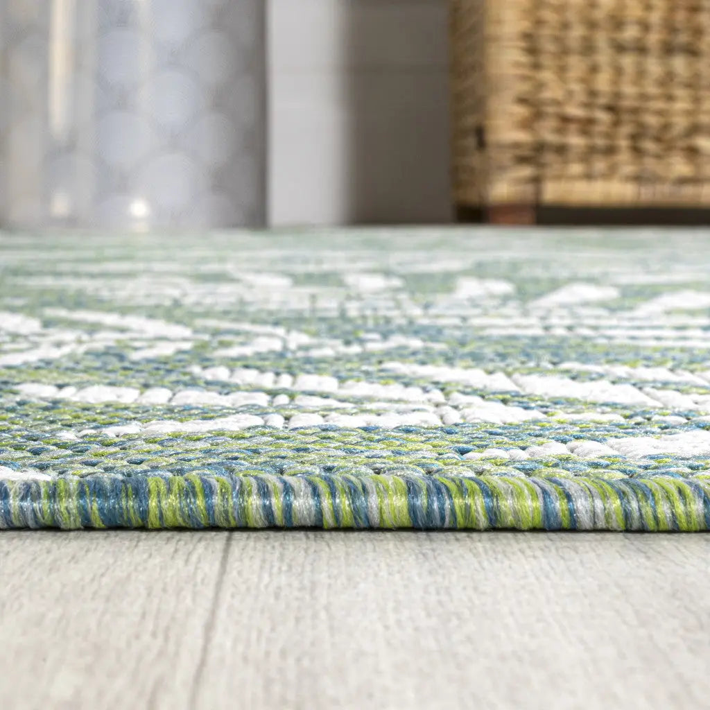 5' Cream And Green Square Floral Indoor Outdoor Area Rug Homeroots Outdoor