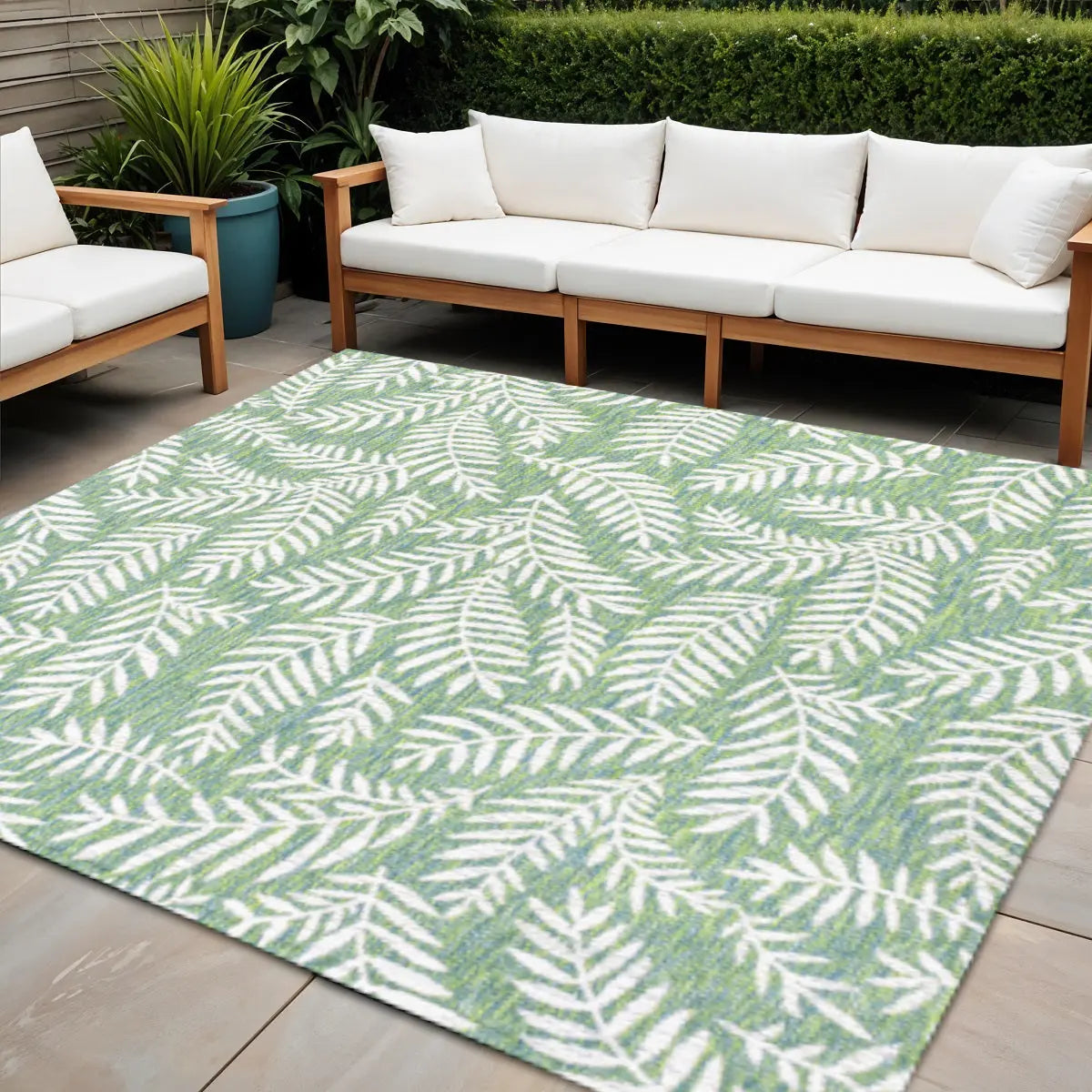 5' Cream And Green Square Floral Indoor Outdoor Area Rug Homeroots Outdoor