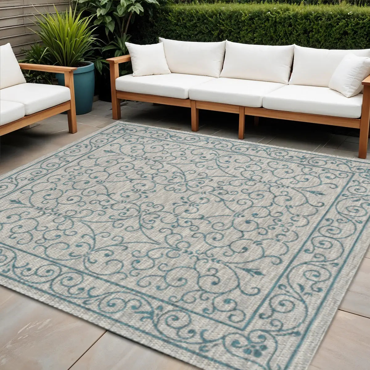 5' Gray And Teal Blue Square Medallion Indoor Outdoor Area Rug Homeroots Outdoor