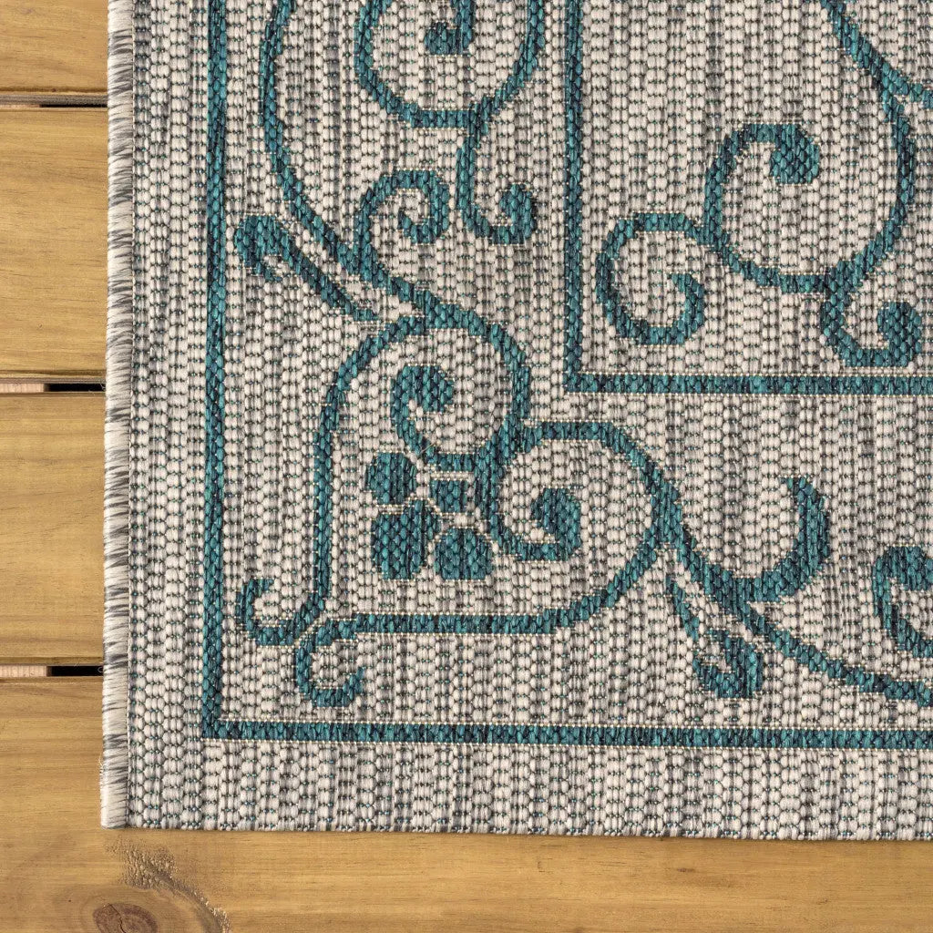 5' Gray And Teal Blue Square Medallion Indoor Outdoor Area Rug Homeroots Outdoor