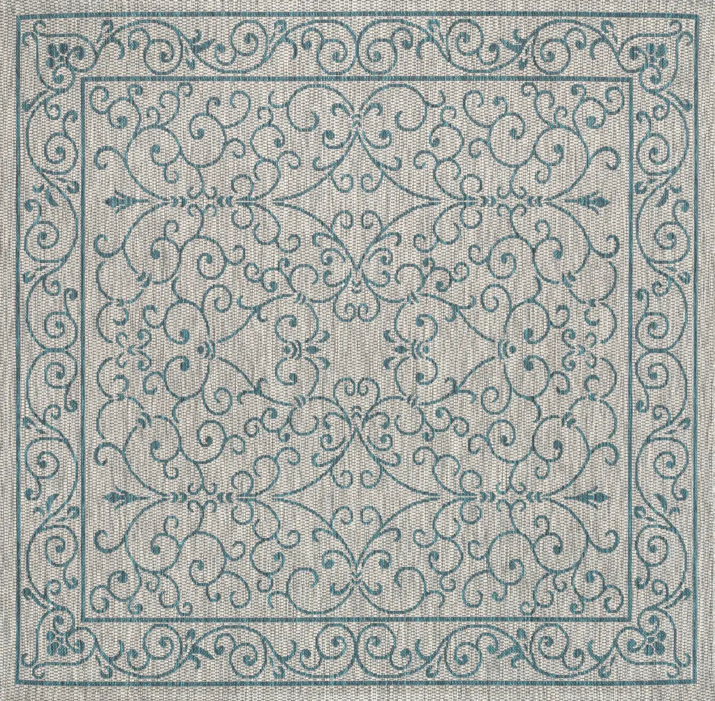 5' Gray And Teal Blue Square Medallion Indoor Outdoor Area Rug Homeroots Outdoor