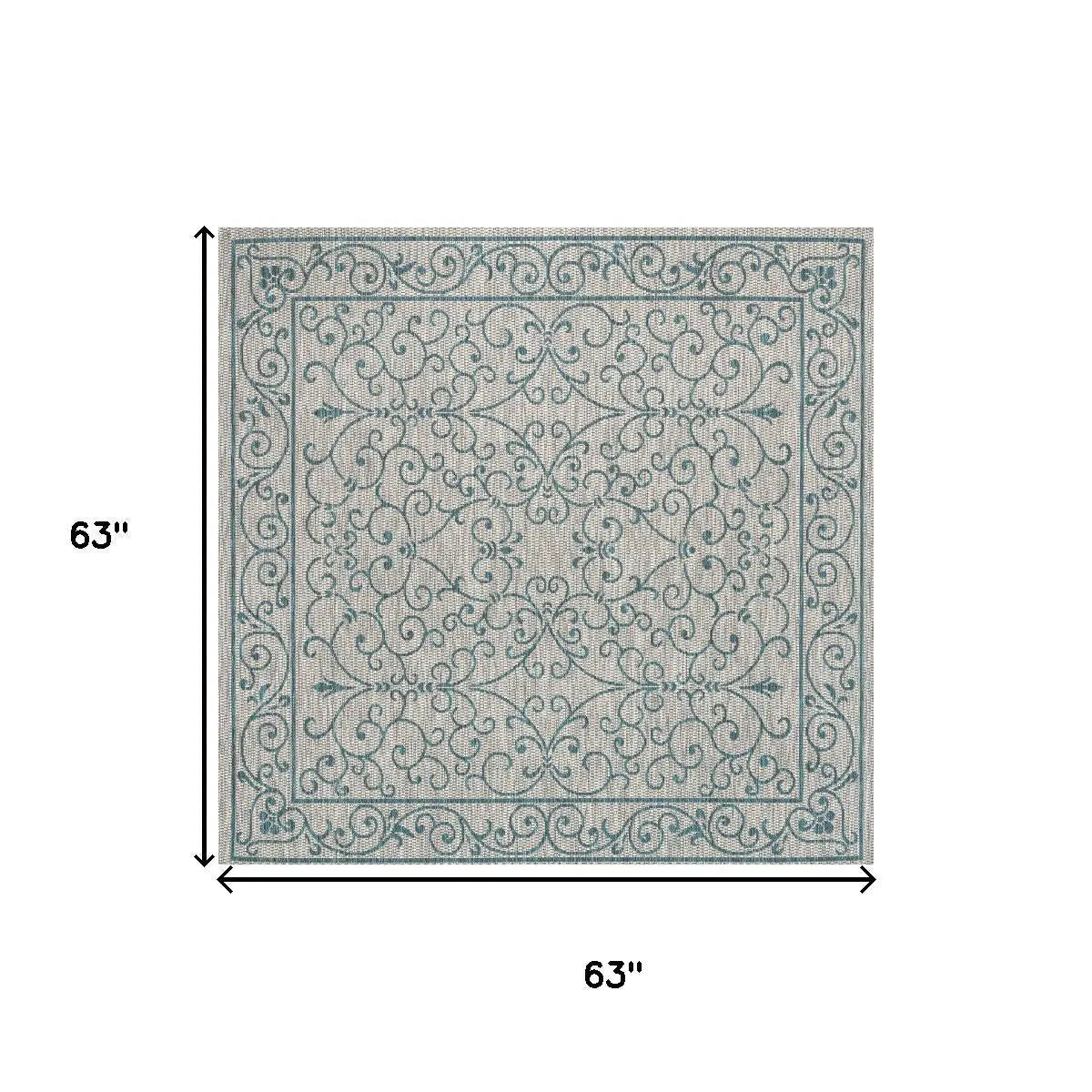 5' Gray And Teal Blue Square Medallion Indoor Outdoor Area Rug Homeroots Outdoor