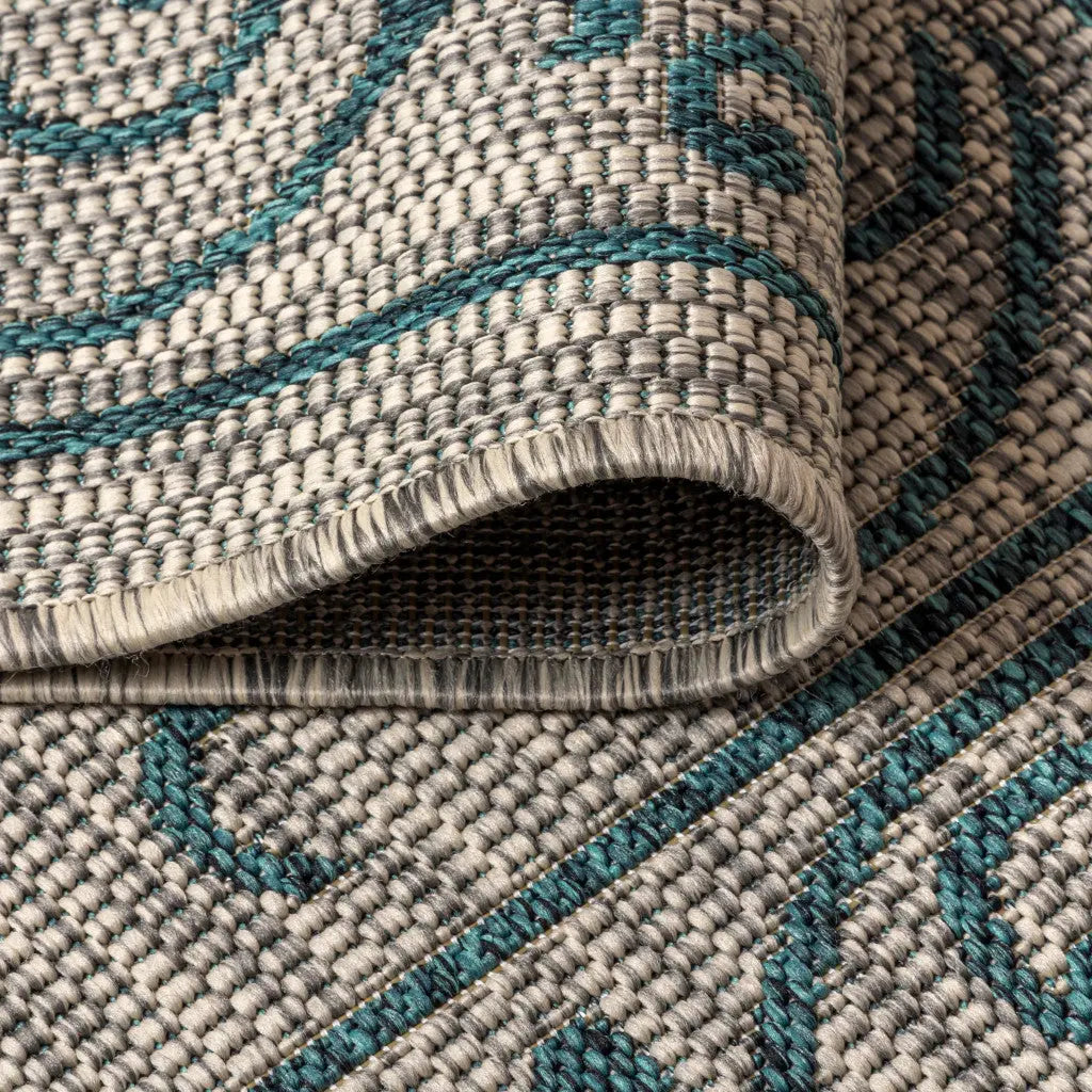 5' Gray And Teal Blue Square Medallion Indoor Outdoor Area Rug Homeroots Outdoor