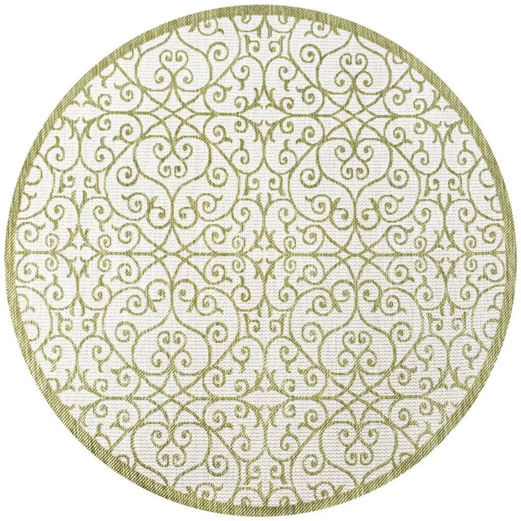 5' Green And Cream Round Geometric Indoor Outdoor Area Rug Homeroots Outdoor