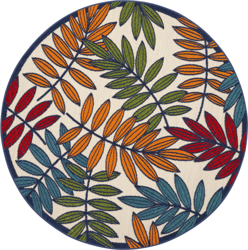 5' Ivory And Blue Round Floral Indoor Outdoor Area Rug - GreatEagleInc