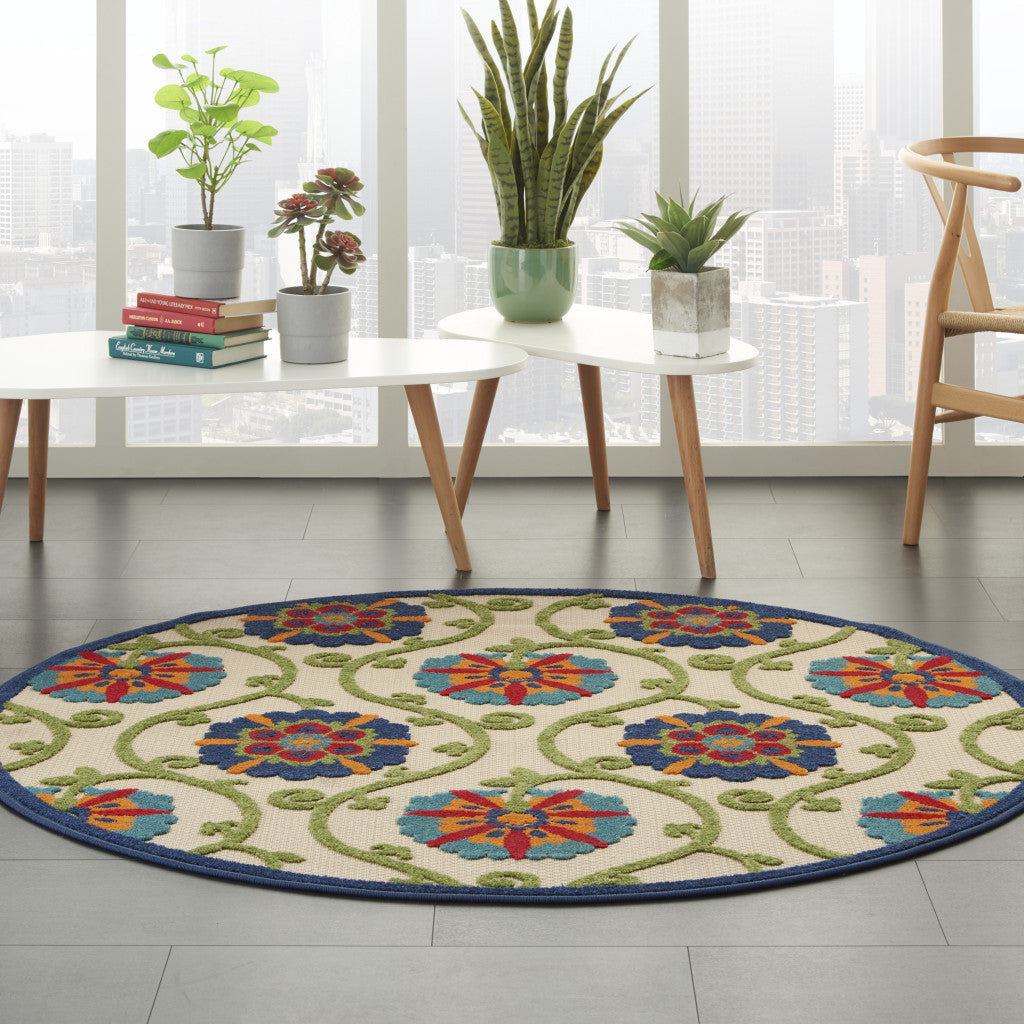 5' Ivory And Blue Round Indoor Outdoor Area Rug - GreatEagleInc