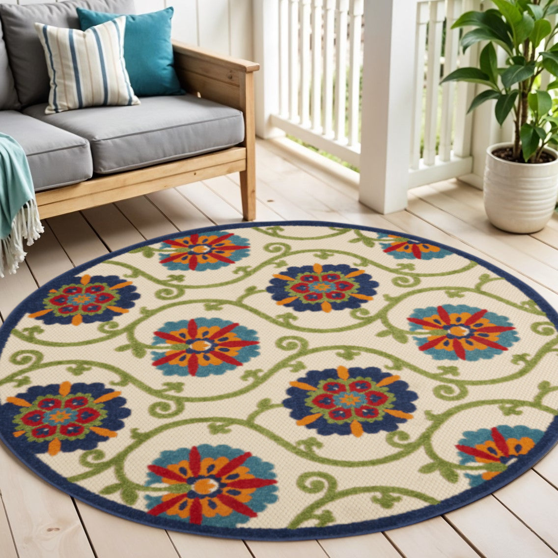 5' Ivory And Blue Round Indoor Outdoor Area Rug - GreatEagleInc
