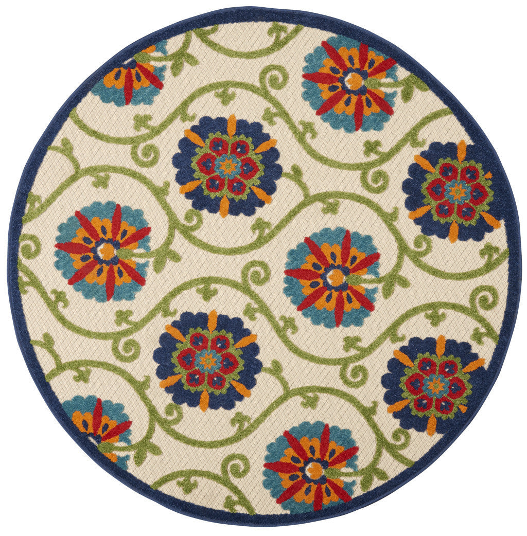 5' Ivory And Blue Round Indoor Outdoor Area Rug - GreatEagleInc