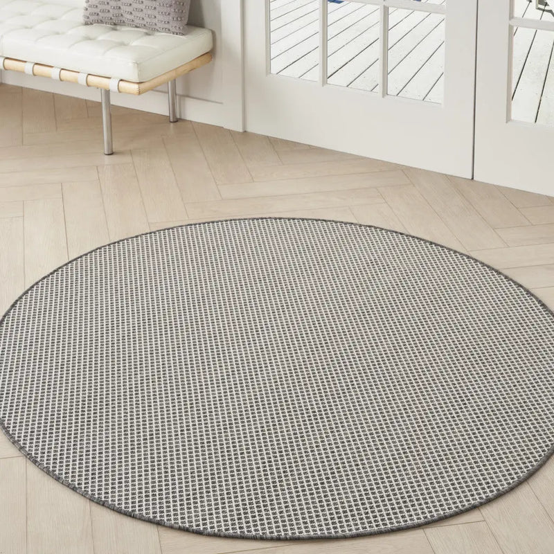 5' Ivory And Charcoal Round Geometric Indoor Outdoor Area Rug Homeroots Outdoor