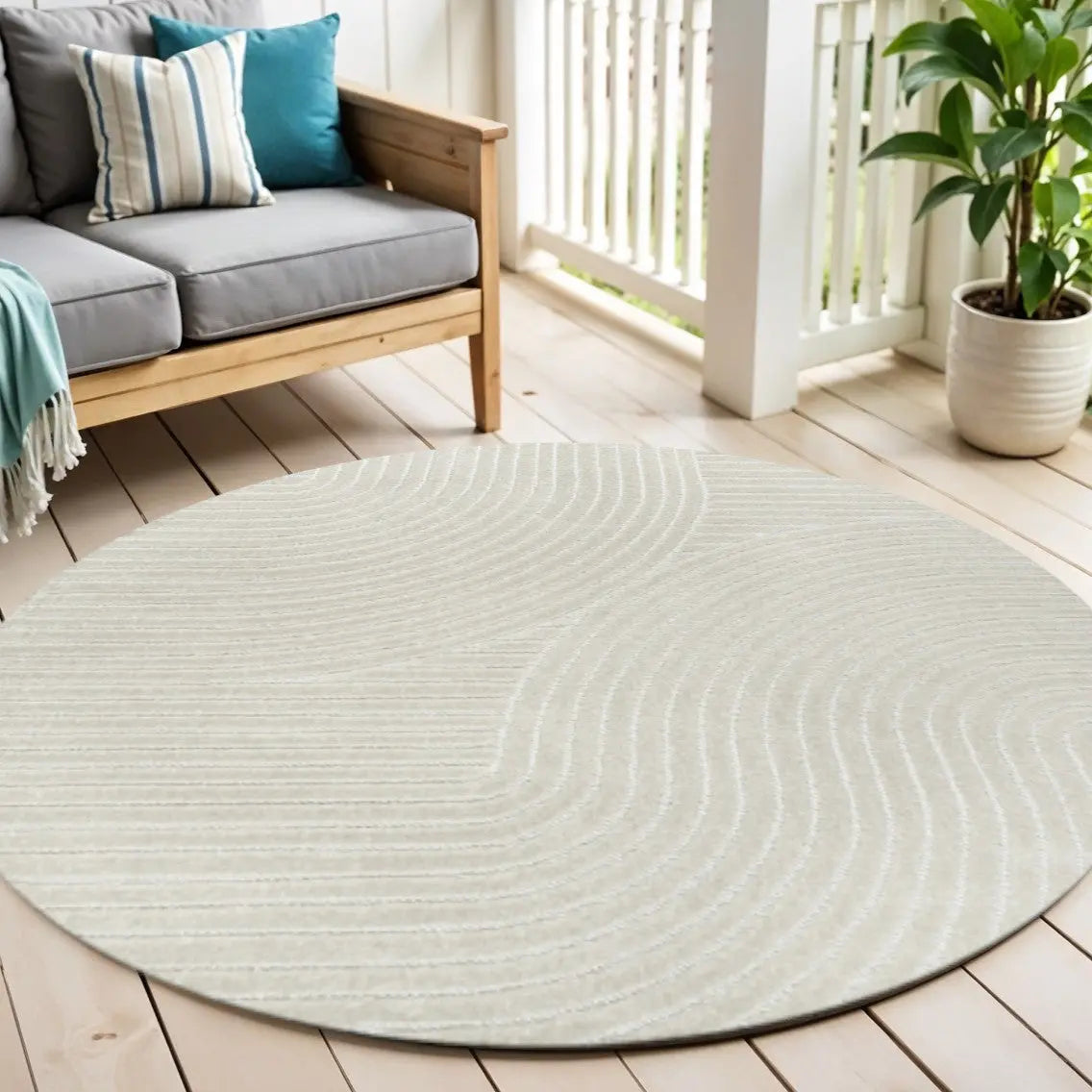 5' Ivory And Cream Round Striped Indoor Outdoor Area Rug Homeroots Outdoor