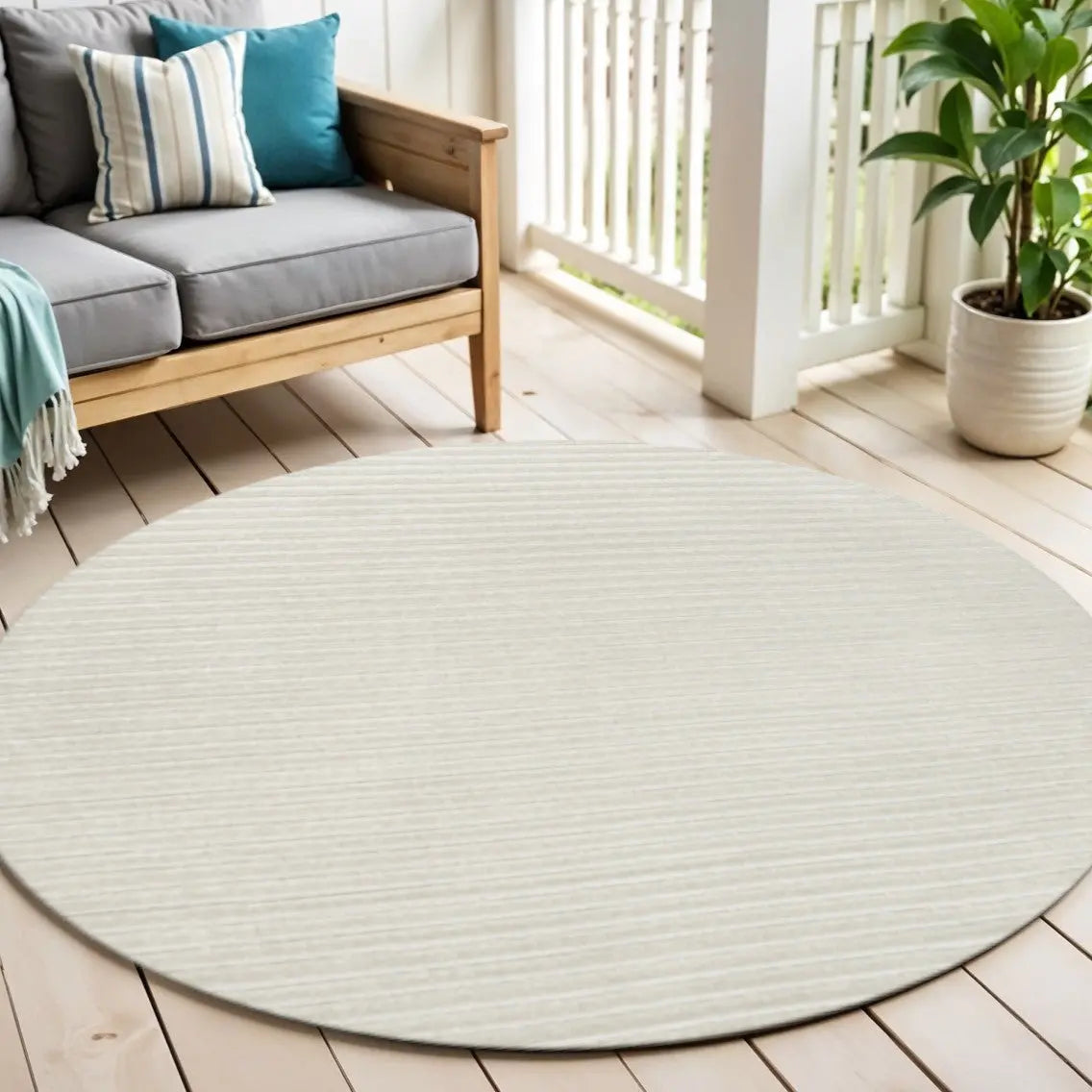 5' Ivory And Cream Round Striped Indoor Outdoor Area Rug Homeroots Outdoor