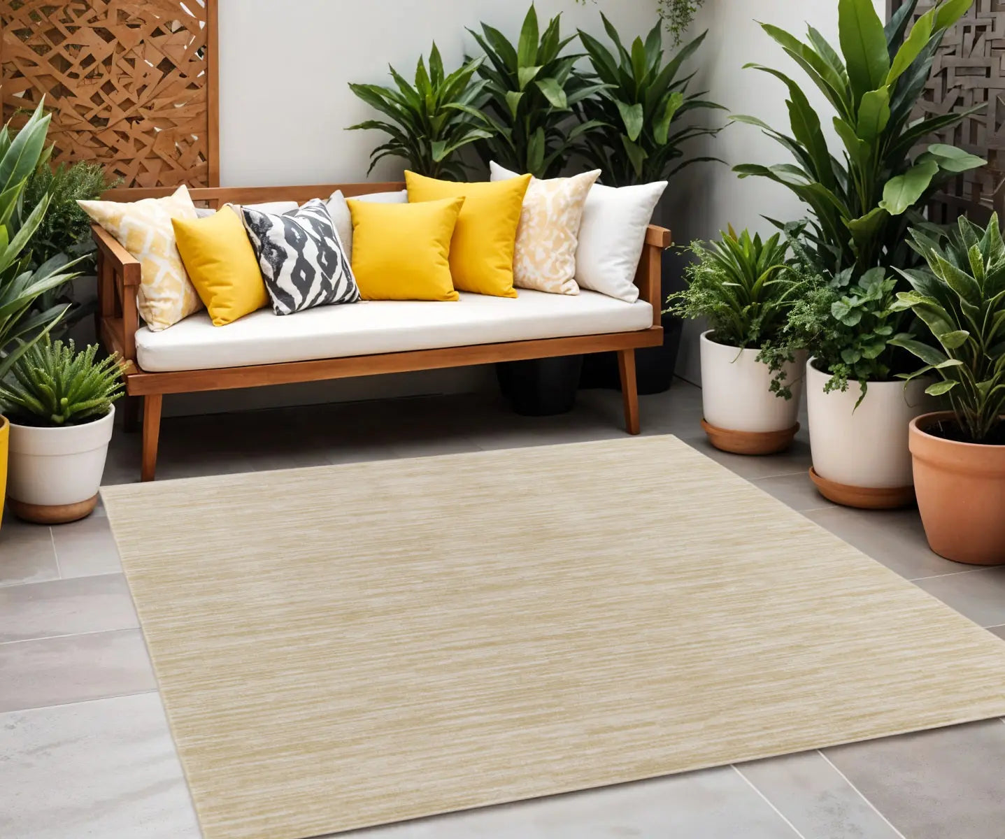 5' Ivory And Gold Square Abstract Indoor Outdoor Area Rug Homeroots Outdoor