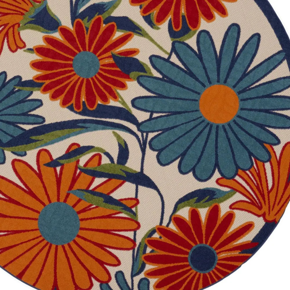 5' Ivory Blue And Orange Round Floral Indoor Outdoor Area Rug Homeroots Outdoor