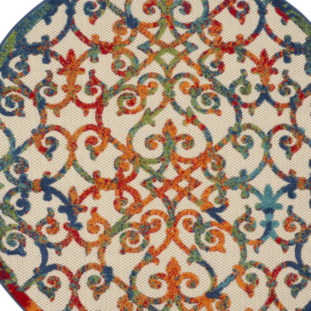 5' Ivory Blue Orange And Green Round Trellis Indoor Outdoor Area Rug Homeroots Outdoor