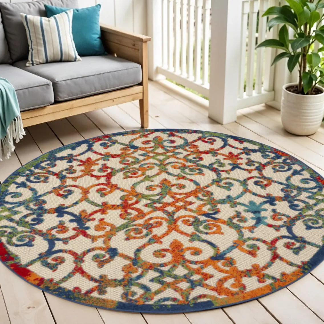5' Ivory Blue Orange And Green Round Trellis Indoor Outdoor Area Rug Homeroots Outdoor