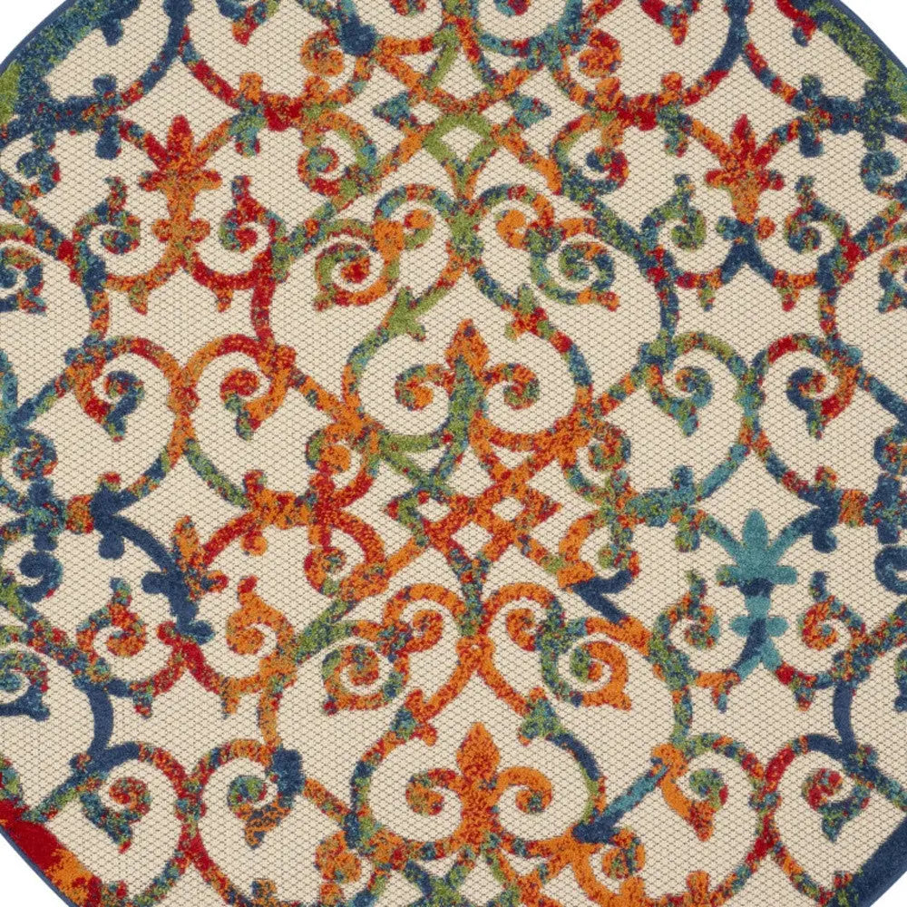 5' Ivory Blue Orange And Green Round Trellis Indoor Outdoor Area Rug Homeroots Outdoor