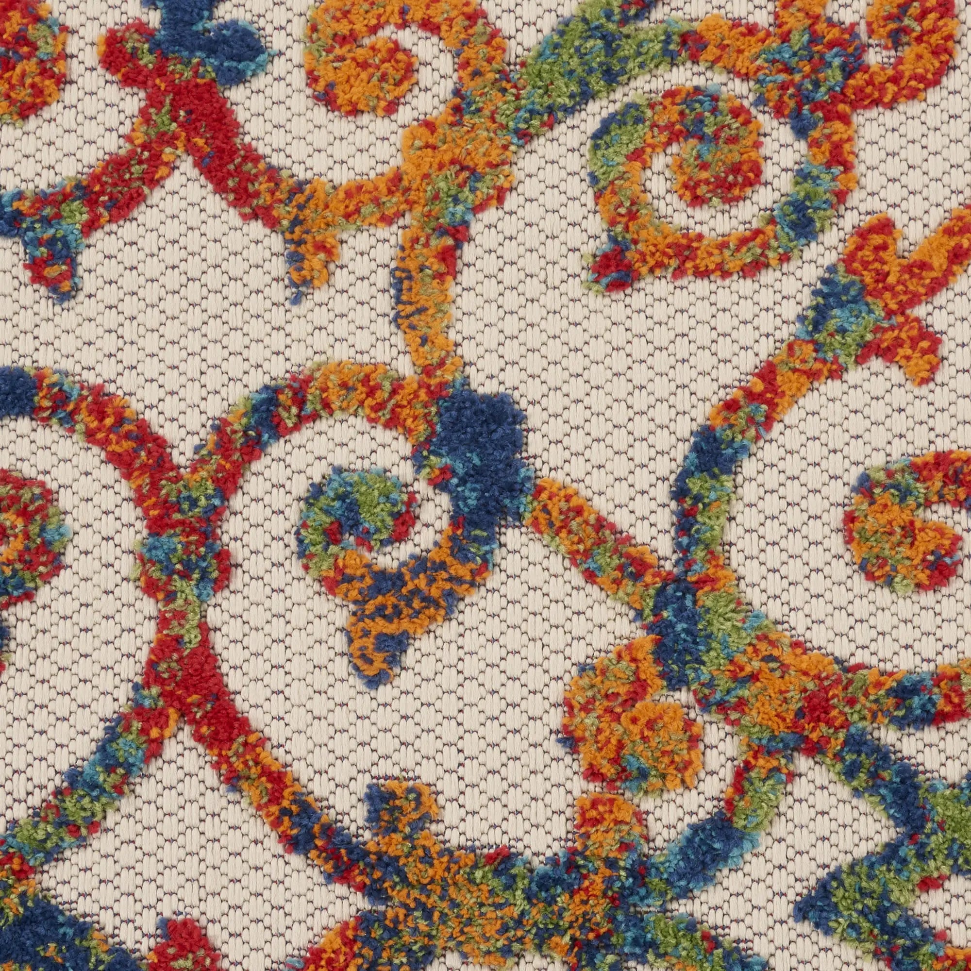 5' Ivory Blue Orange And Green Round Trellis Indoor Outdoor Area Rug Homeroots Outdoor
