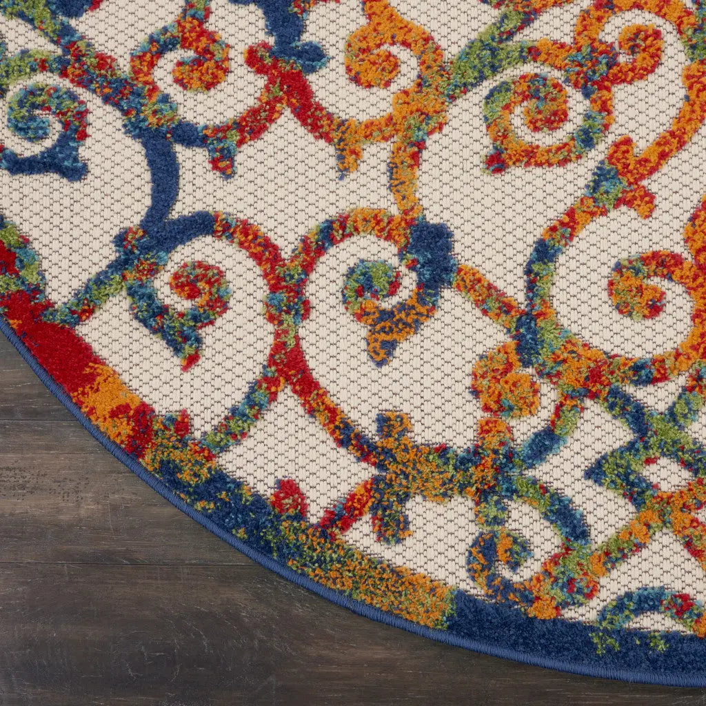 5' Ivory Blue Orange And Green Round Trellis Indoor Outdoor Area Rug Homeroots Outdoor
