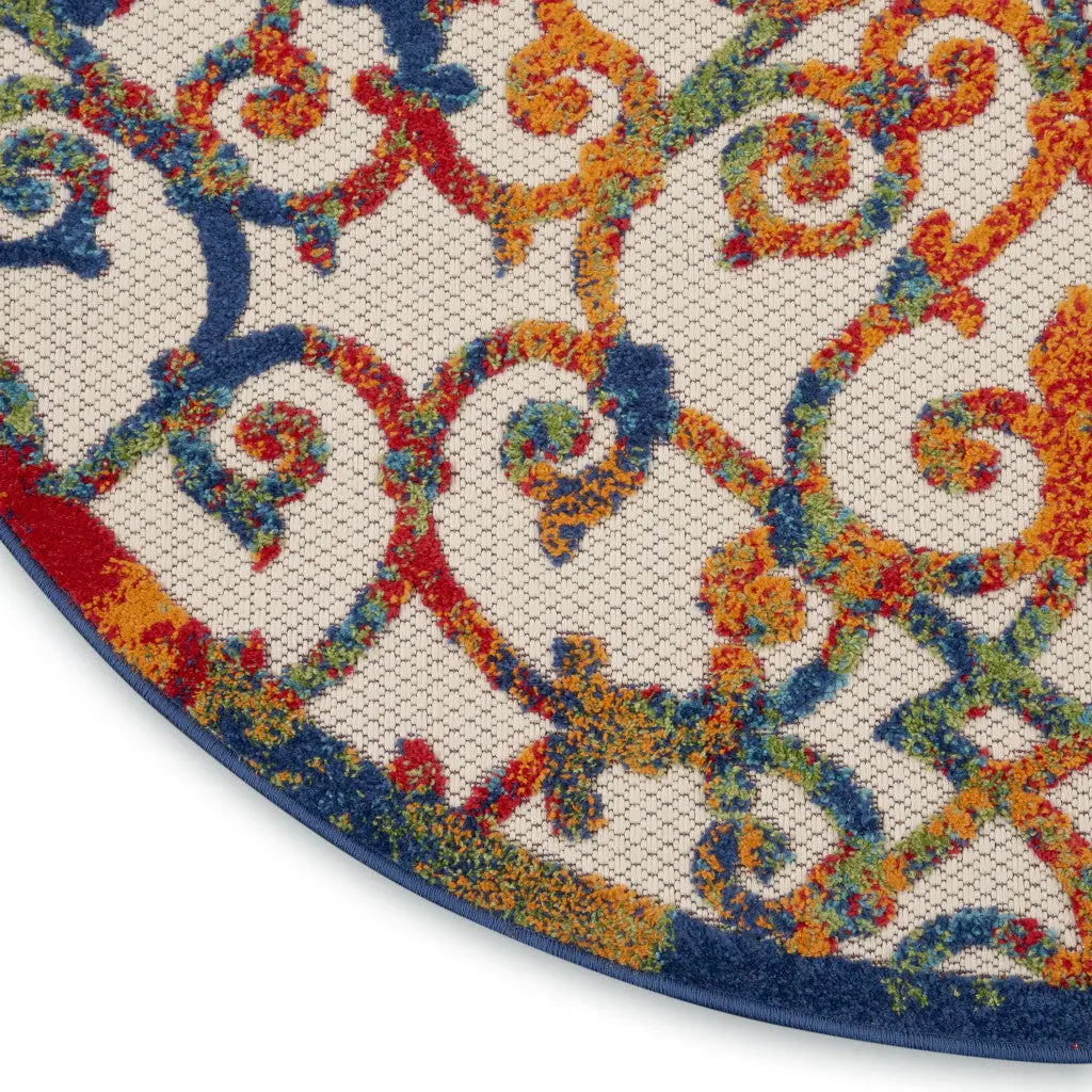 5' Ivory Blue Orange And Green Round Trellis Indoor Outdoor Area Rug Homeroots Outdoor