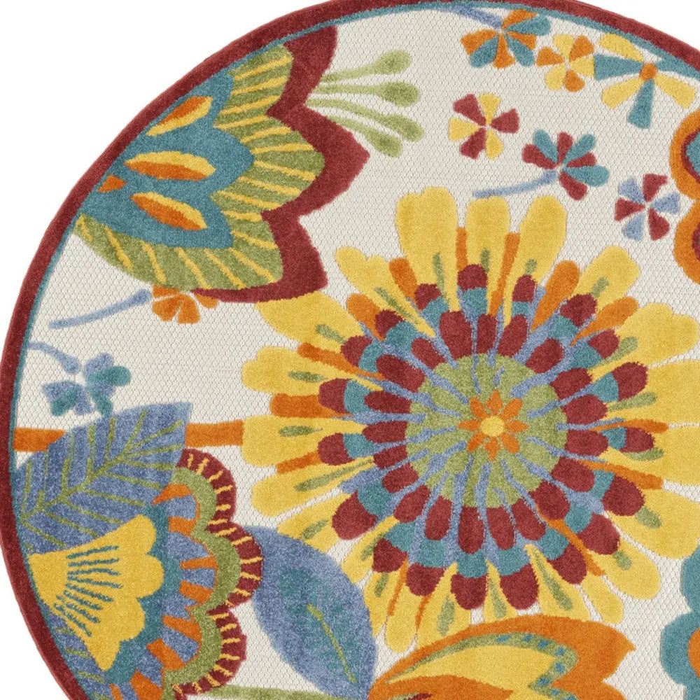5' Ivory Blue Orange Red And Yellow Round Floral Indoor Outdoor Area Rug Homeroots Outdoor