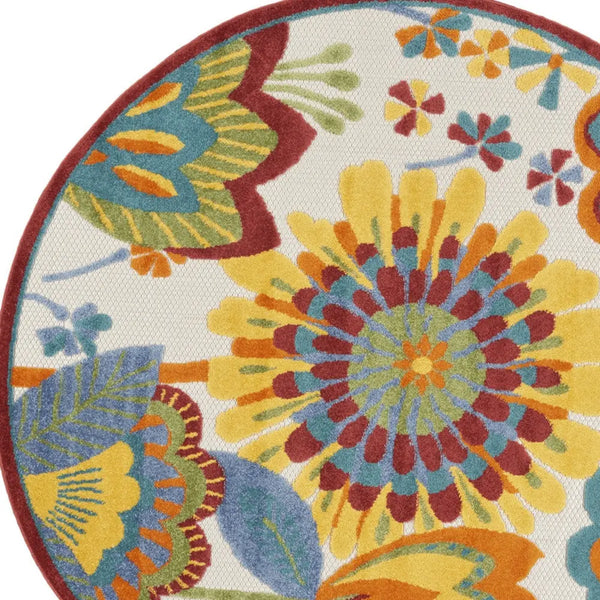 5' Ivory Blue Orange Red And Yellow Round Floral Indoor Outdoor Area Rug Homeroots Outdoor