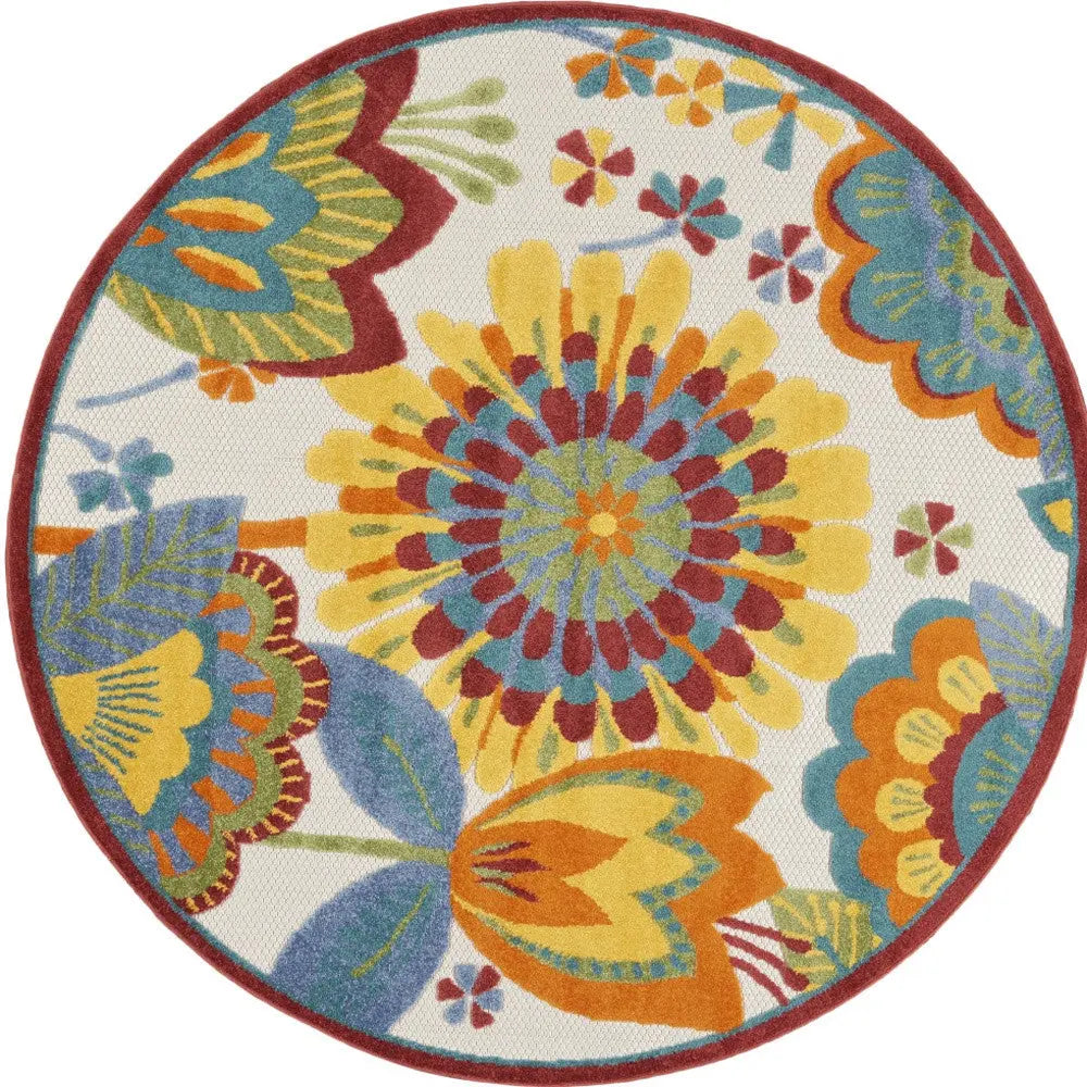 5' Ivory Blue Orange Red And Yellow Round Floral Indoor Outdoor Area Rug Homeroots Outdoor