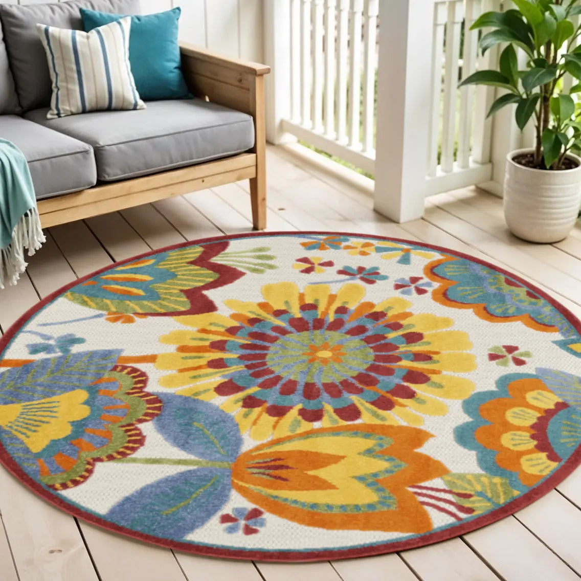 5' Ivory Blue Orange Red And Yellow Round Floral Indoor Outdoor Area Rug Homeroots Outdoor
