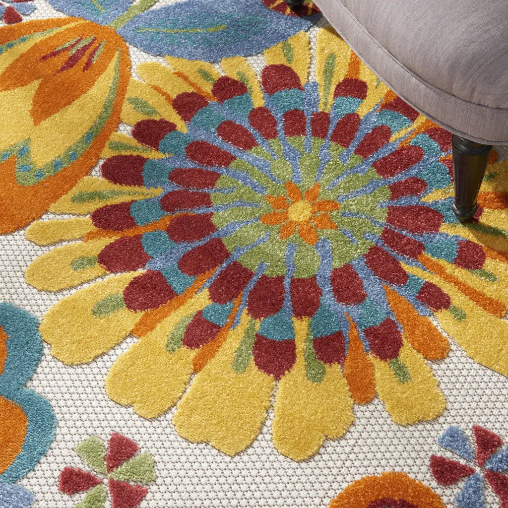 5' Ivory Blue Orange Red And Yellow Round Floral Indoor Outdoor Area Rug Homeroots Outdoor