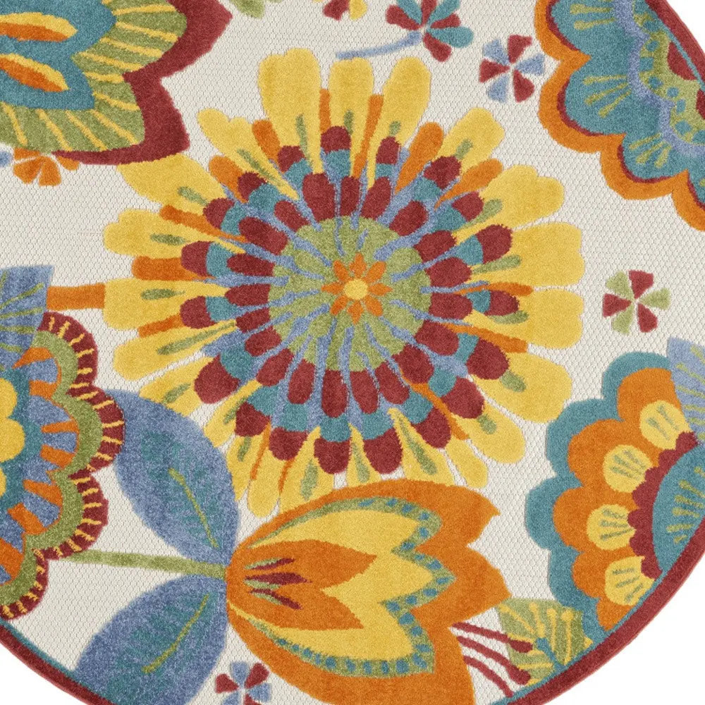 5' Ivory Blue Orange Red And Yellow Round Floral Indoor Outdoor Area Rug Homeroots Outdoor