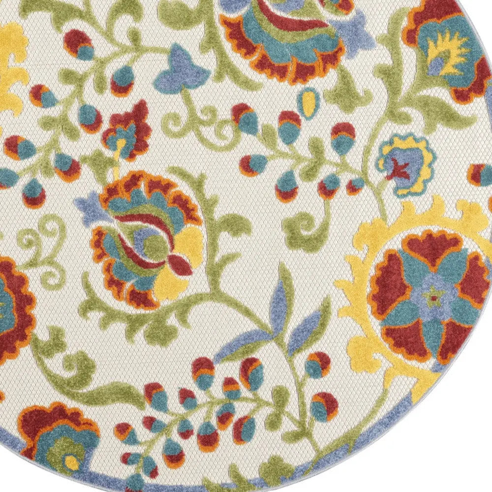 5' Ivory Red Green Blue And Yellow Round Floral Indoor Outdoor Area Rug Homeroots Outdoor