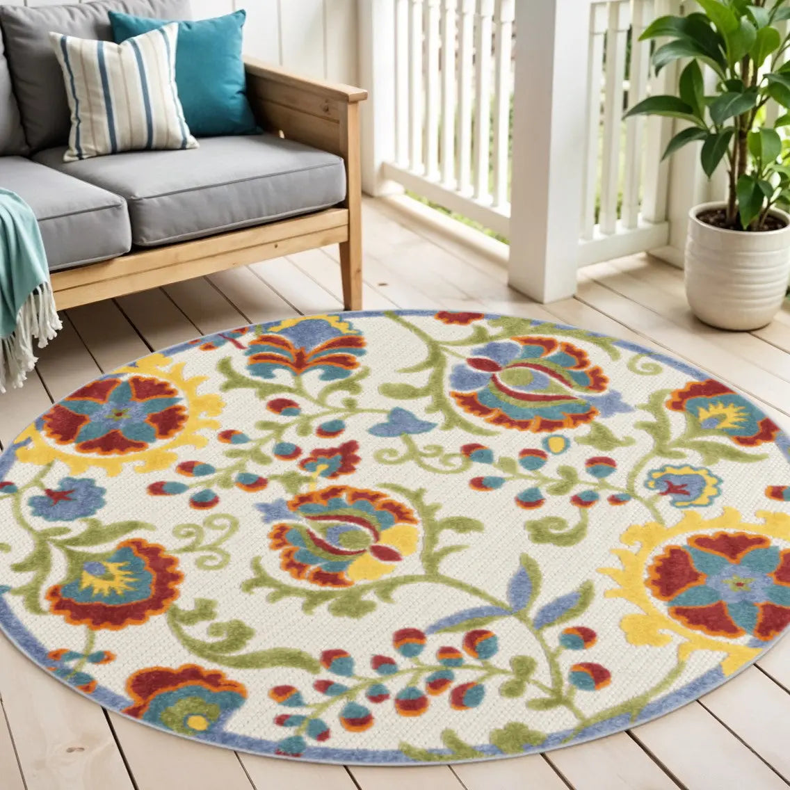 5' Ivory Red Green Blue And Yellow Round Floral Indoor Outdoor Area Rug Homeroots Outdoor