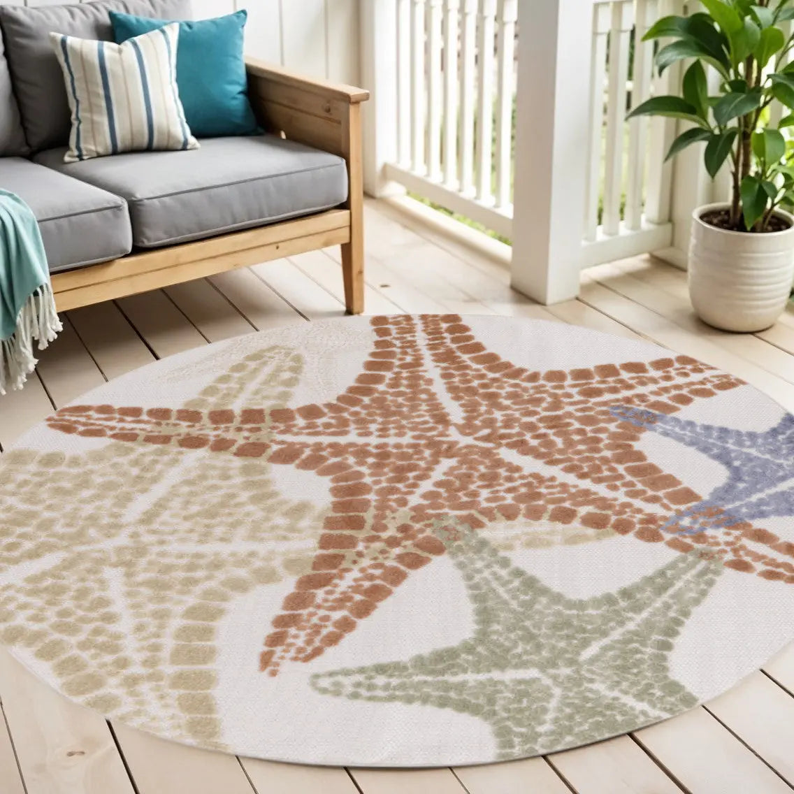 5' Ivory Yellow Orange And Green Round Starfish Indoor Outdoor Area Rug Homeroots Outdoor