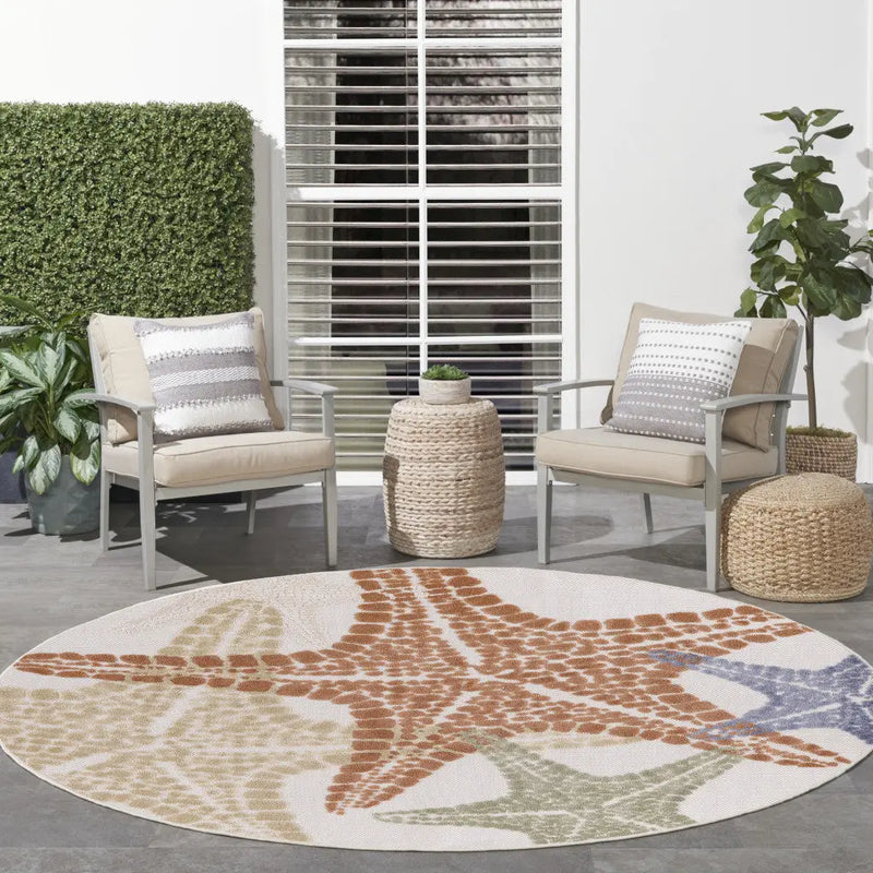 5' Ivory Yellow Orange And Green Round Starfish Indoor Outdoor Area Rug Homeroots Outdoor