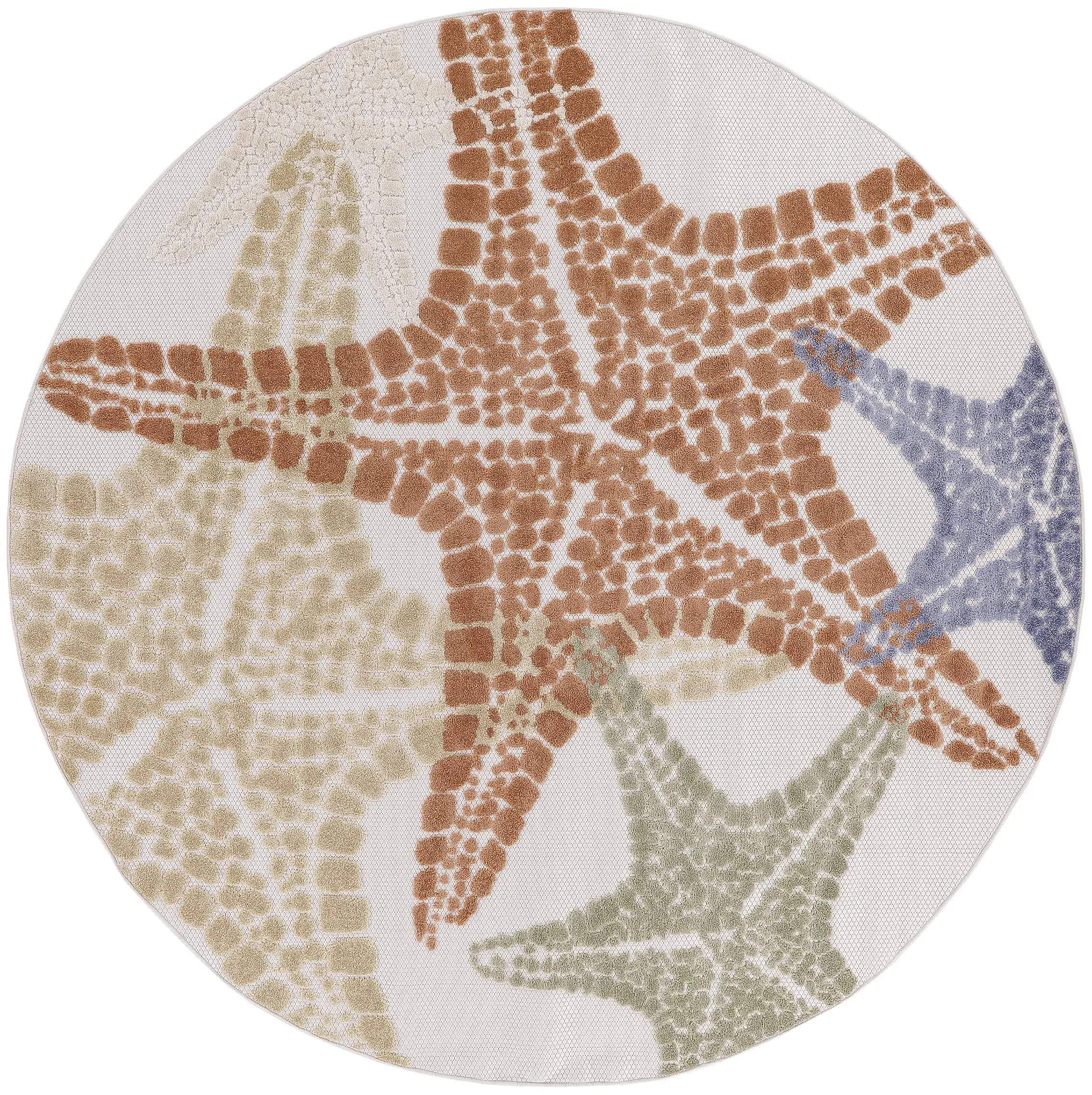 5' Ivory Yellow Orange And Green Round Starfish Indoor Outdoor Area Rug Homeroots Outdoor