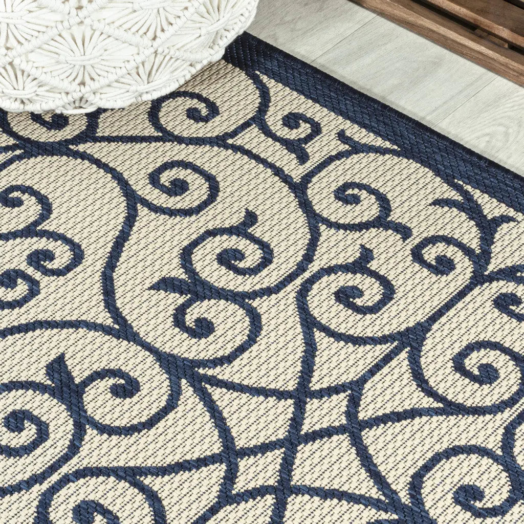 5' Navy Blue And Beige Square Geometric Indoor Outdoor Area Rug Homeroots Outdoor