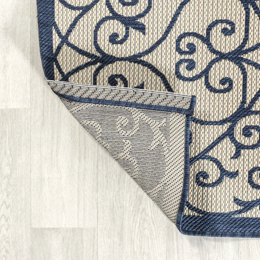 5' Navy Blue And Beige Square Geometric Indoor Outdoor Area Rug Homeroots Outdoor