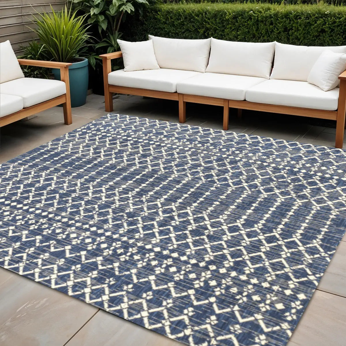 5' Navy Blue And Beige Square Trellis Indoor Outdoor Area Rug Homeroots Outdoor